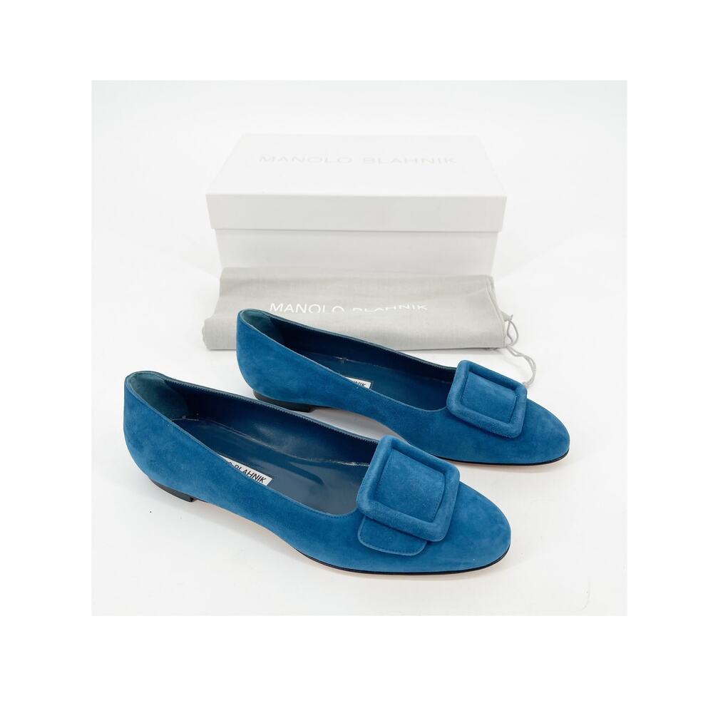 Manolo Blahnik Maydi Turquoise Suede Decorative Buckle Almond Toe Flats IT 37